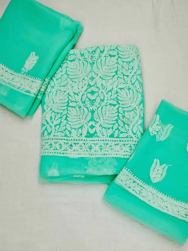 Sea_Green_Hand_Embroidered_Soft_Chiffon_Unstitched_Leaf_Chikankari_Suit_Set_With_Dupatta