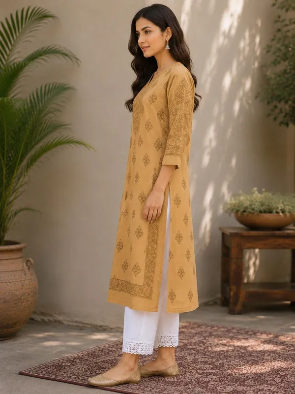 Golden_Beige_Handcrafted_Lucknowi_Chikan_Cotton_Kurti_With_Full_Jaal_Sleeves
