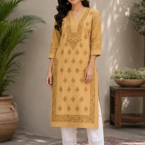 Golden_Beige_Handcrafted_Lucknowi_Chikan_Cotton_Kurti_With_Full_Jaal_Sleeves
