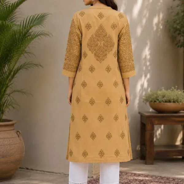 Golden_Beige_Handcrafted_Lucknowi_Chikan_Cotton_Kurti_With_Full_Jaal_Sleeves