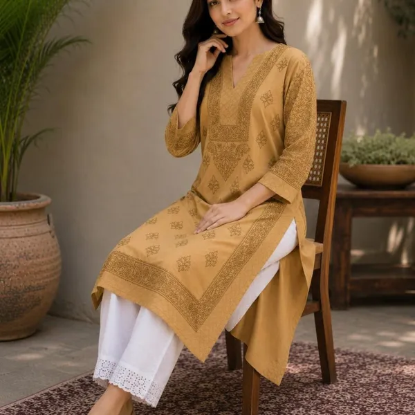 Golden_Beige_Handcrafted_Lucknowi_Chikan_Cotton_Kurti_With_Full_Jaal_Sleeves