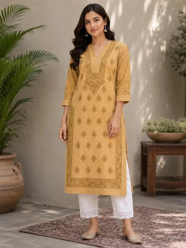 Golden_Beige_Handcrafted_Lucknowi_Chikan_Cotton_Kurti_With_Full_Jaal_Sleeves