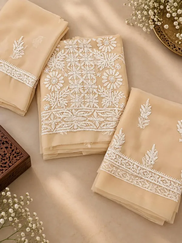 Cream_White_Hand_Crafted_Soft_Chiffon_Unstitched_Chikan_Suit_Set_Panel_Pattern