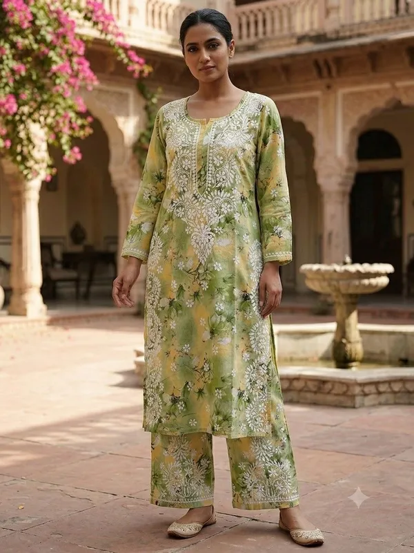 Pistachio_Green_Hand_Embroidered_Lucknowi_Chikankari_Floral_Cotton_Kurti_Palazzo_Set
