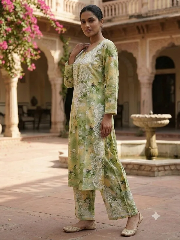 Pistachio_Green_Hand_Embroidered_Lucknowi_Chikankari_Floral_Cotton_Kurti_Palazzo_Set