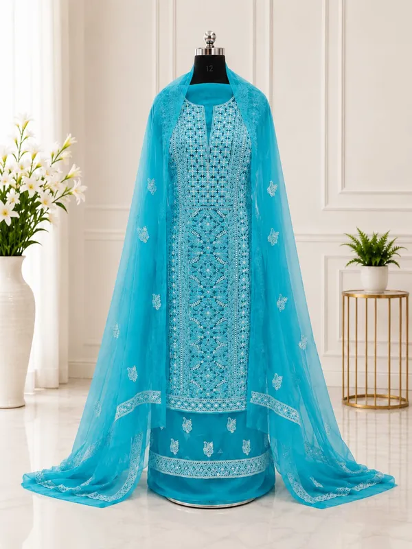 Turquoise_Blue_Suit_Piece_Chiffon_Jaal_With_Dupatta