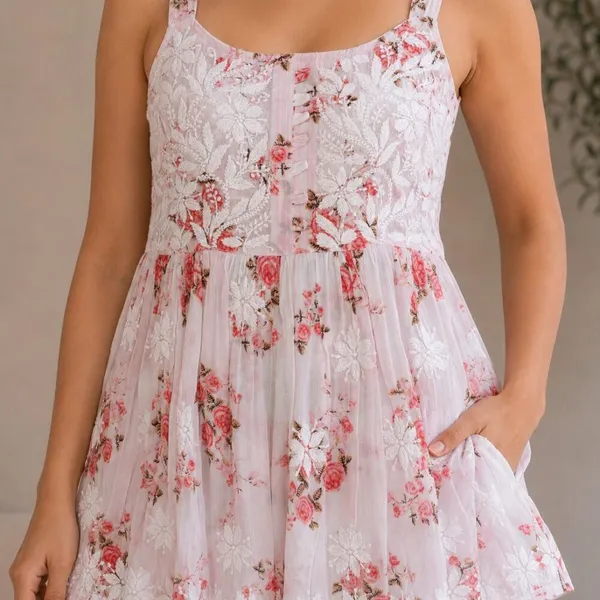 Pastel_Peach_Floral_Print_Handcrafted_Lucknowi_Chikankari_Cotton_Short_Top