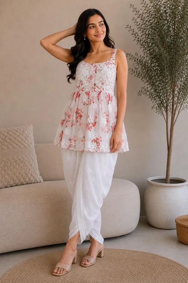 Pastel_Peach_Floral_Print_Handcrafted_Lucknowi_Chikankari_Cotton_Short_Top
