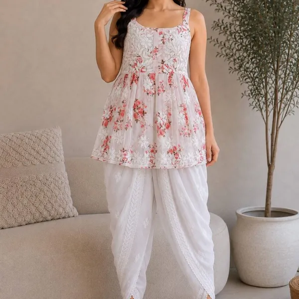 Pastel_Peach_Floral_Print_Handcrafted_Lucknowi_Chikankari_Cotton_Short_Top