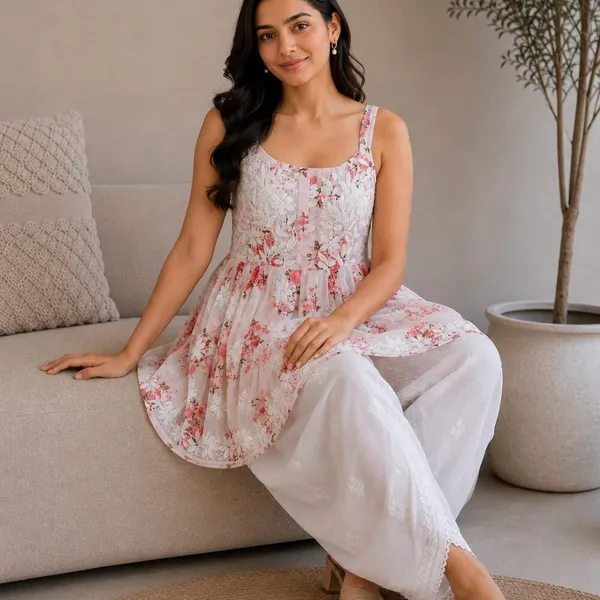 Pastel_Peach_Floral_Print_Handcrafted_Lucknowi_Chikankari_Cotton_Short_Top