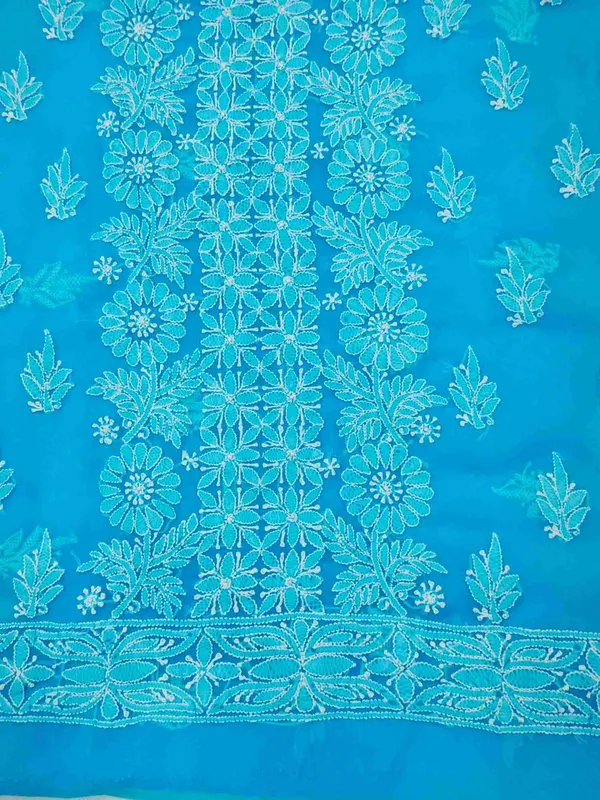 Turquoise_Blue_Hand_Crafted_Soft_Chiffon_Unstitched_Chikan_Suit_Set_Panel_Pattern