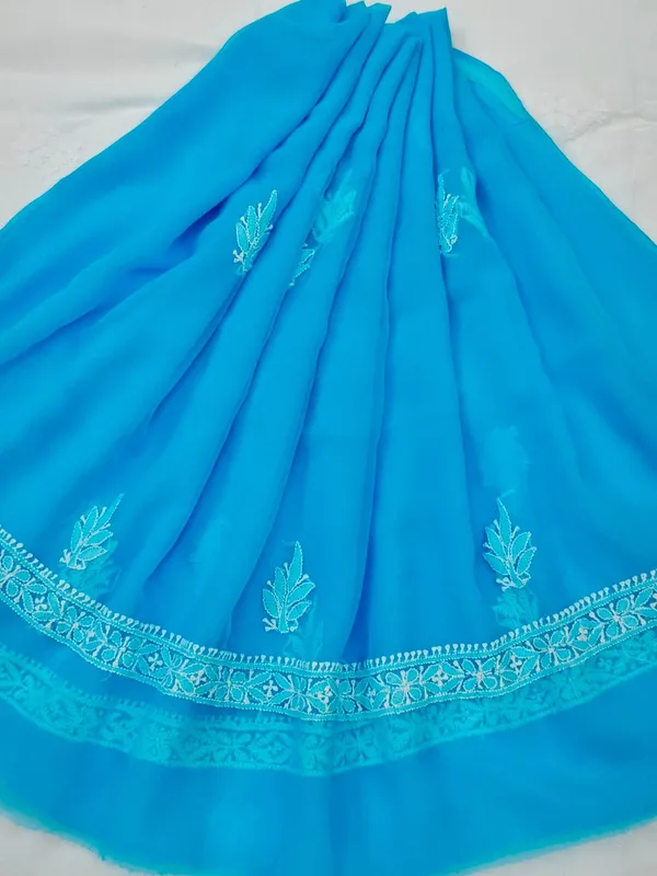 Turquoise_Blue_Hand_Crafted_Soft_Chiffon_Unstitched_Chikan_Suit_Set_Panel_Pattern