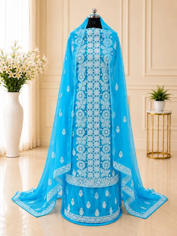 Turquoise_Blue_Hand_Crafted_Soft_Chiffon_Unstitched_Chikan_Suit_Set_Panel_Pattern