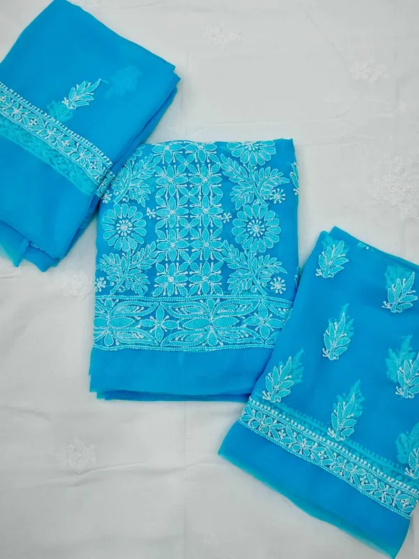 Turquoise_Blue_Hand_Crafted_Soft_Chiffon_Unstitched_Chikan_Suit_Set_Panel_Pattern