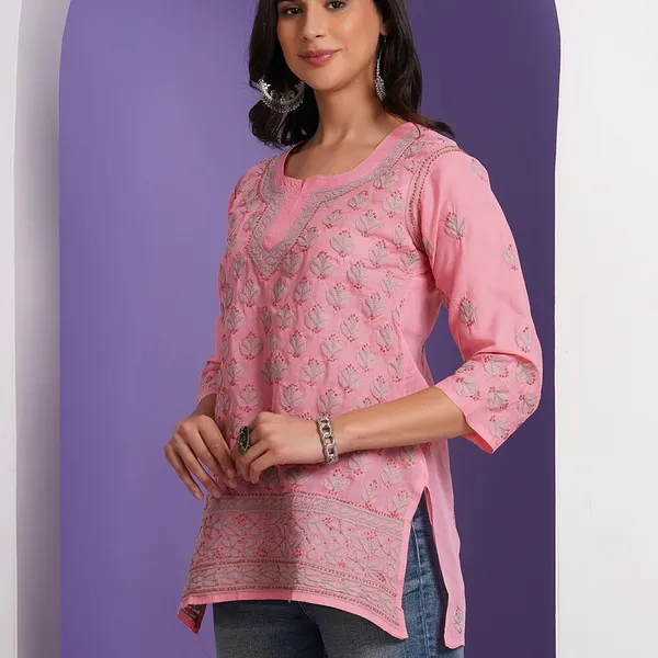 Candy_Pink_Hand_Embroidered_Chikan_Cotton_Top_With_Contrast_Thread_Work