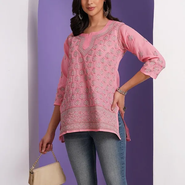 Candy_Pink_Hand_Embroidered_Chikan_Cotton_Top_With_Contrast_Thread_Work