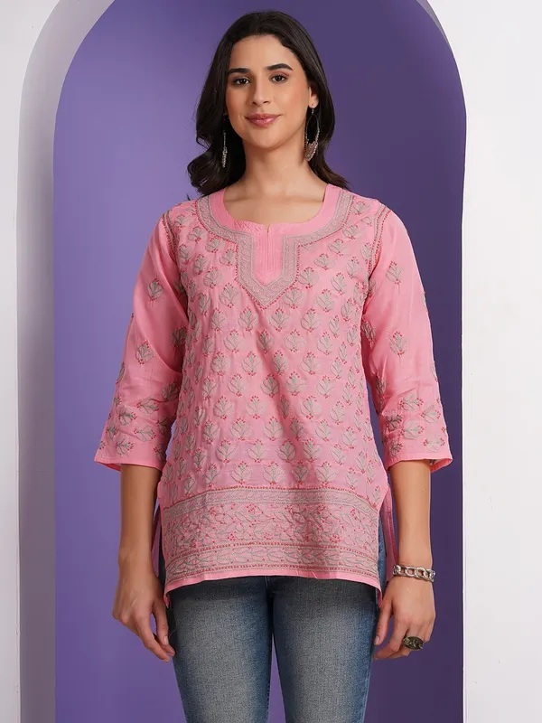 Candy_Pink_Hand_Embroidered_Chikan_Cotton_Top_With_Contrast_Thread_Work