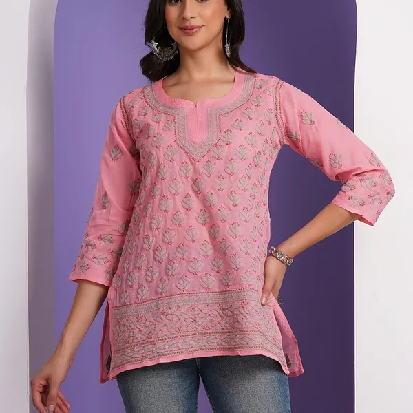 Candy_Pink_Hand_Embroidered_Chikan_Cotton_Top_With_Contrast_Thread_Work