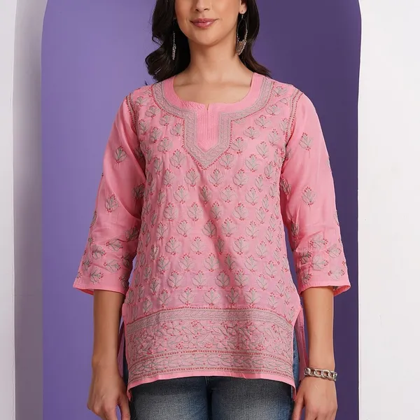 Candy_Pink_Hand_Embroidered_Chikan_Cotton_Top_With_Contrast_Thread_Work