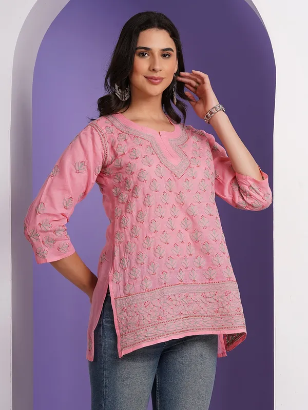 Candy_Pink_Hand_Embroidered_Chikan_Cotton_Top_With_Contrast_Thread_Work