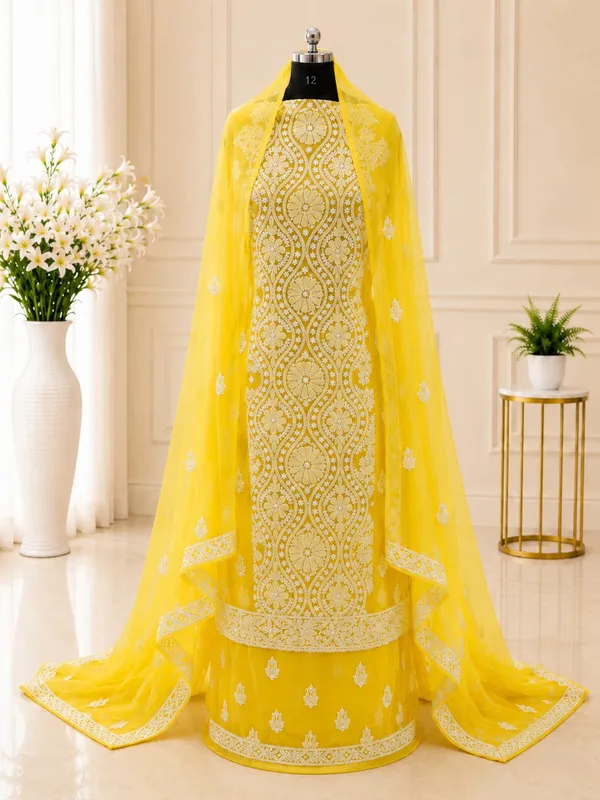 Sunshine_Yellow_Hand_Crafted_Soft_Chiffon_Unstitched_Chikan_Suit_Set_In_Panel_Pattern
