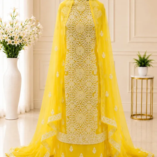 Sunshine_Yellow_Hand_Crafted_Soft_Chiffon_Unstitched_Chikan_Suit_Set_In_Panel_Pattern