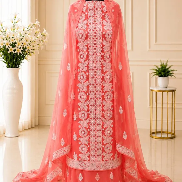Coral_Pink_Hand_Crafted_Soft_Chiffon_Unstitched_Chikan_Suit_Set_Panel_Pattern