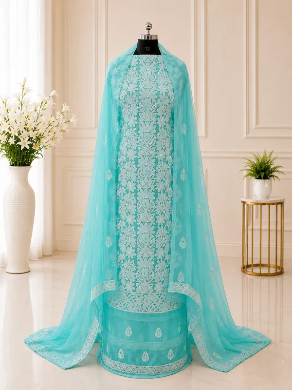 Aqua_Blue_Hand_Embroidered_Soft_Chiffon_Unstitched_Garth_Chikankari_Suit_Set_With_Dupatta