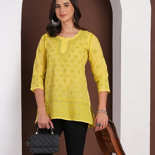 Lemon_Yellow_Hand_Embroidered_Chikan_Cotton_Top_With_Contrast_Thread_Work