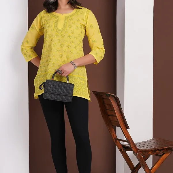 Lemon_Yellow_Hand_Embroidered_Chikan_Cotton_Top_With_Contrast_Thread_Work