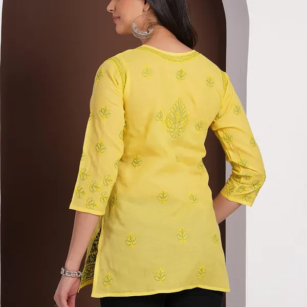 Lemon_Yellow_Hand_Embroidered_Chikan_Cotton_Top_With_Contrast_Thread_Work