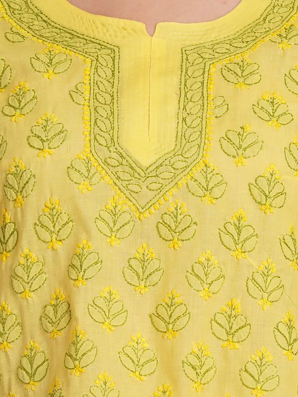 Lemon_Yellow_Hand_Embroidered_Chikan_Cotton_Top_With_Contrast_Thread_Work