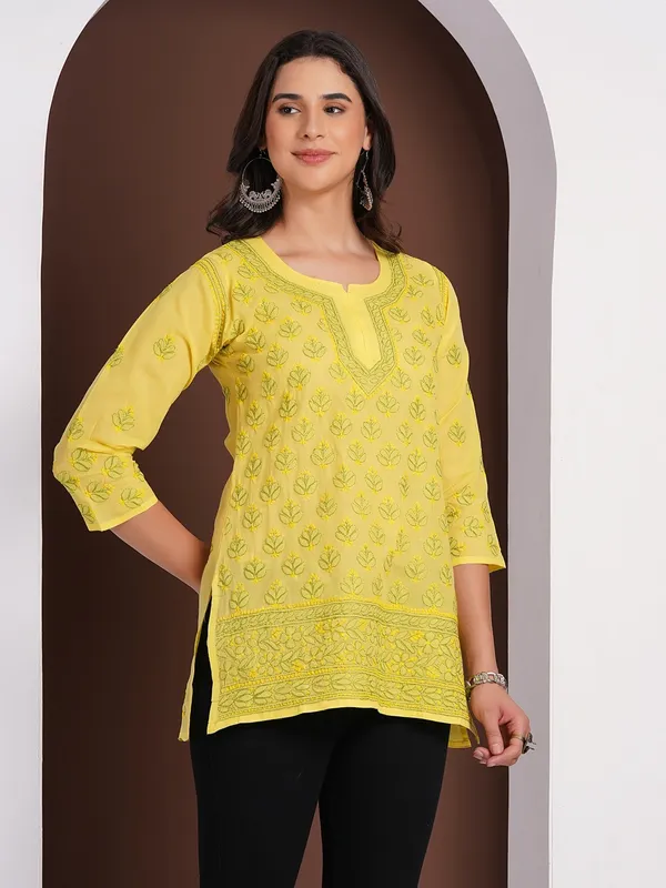 Lemon_Yellow_Hand_Embroidered_Chikan_Cotton_Top_With_Contrast_Thread_Work