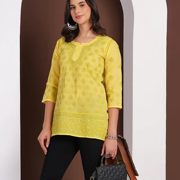 Lemon_Yellow_Hand_Embroidered_Chikan_Cotton_Top_With_Contrast_Thread_Work