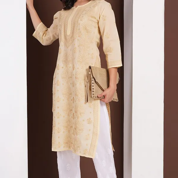 Beige_Hand_Embroidered_Chikan_Cotton_Kurti