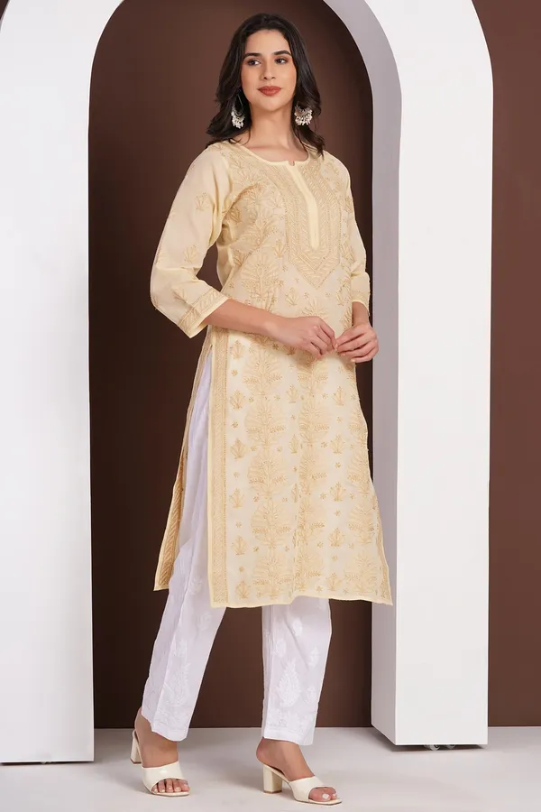 Beige_Hand_Embroidered_Chikan_Cotton_Kurti