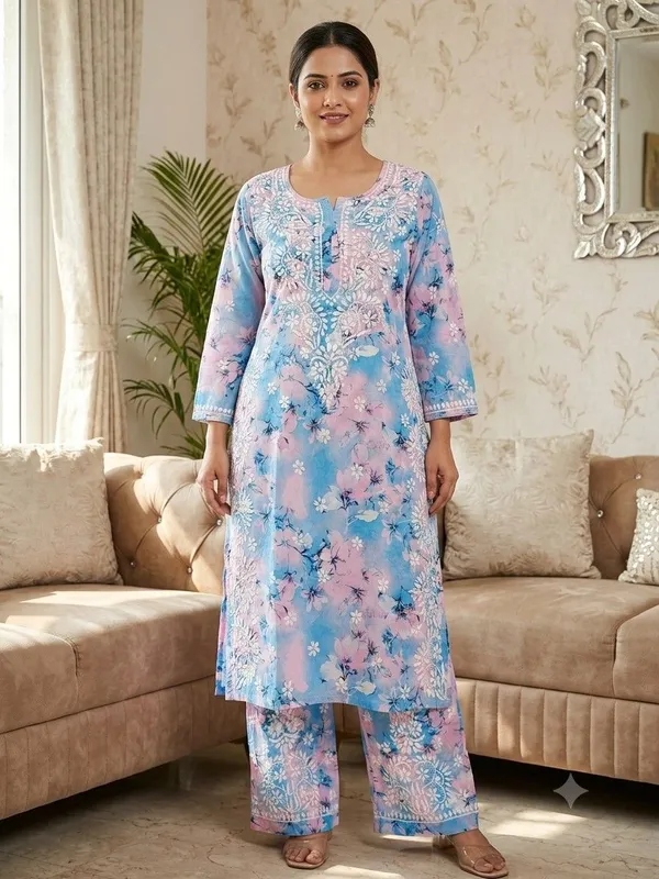 Pastel_Sky_Blue_With_Blush_Pink_Hand_Embroidered_Lucknowi_Chikankari_Floral_Cotton_Kurti_Palazzo_Set