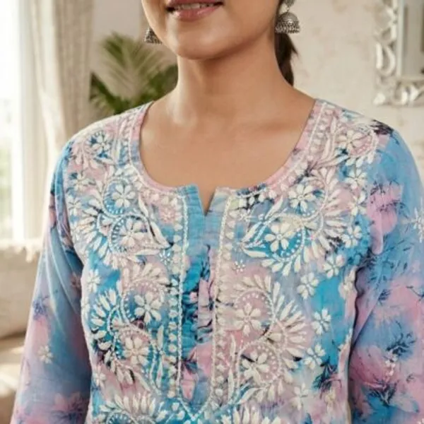 Pastel_Sky_Blue_With_Blush_Pink_Hand_Embroidered_Lucknowi_Chikankari_Floral_Cotton_Kurti_Palazzo_Set