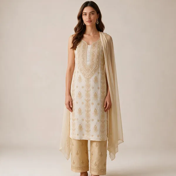 Light_Beige_Hand_Embroidered_Soft_Cotton_Unstitched_Contrast_Chikan_Suit_Set