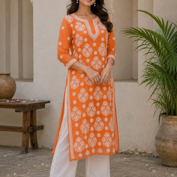 Saffron_Orange_Hand_Embroidered_Lucknowi_Chikankari_Chiffon_Kurti_With_Full_Buti_Jaal