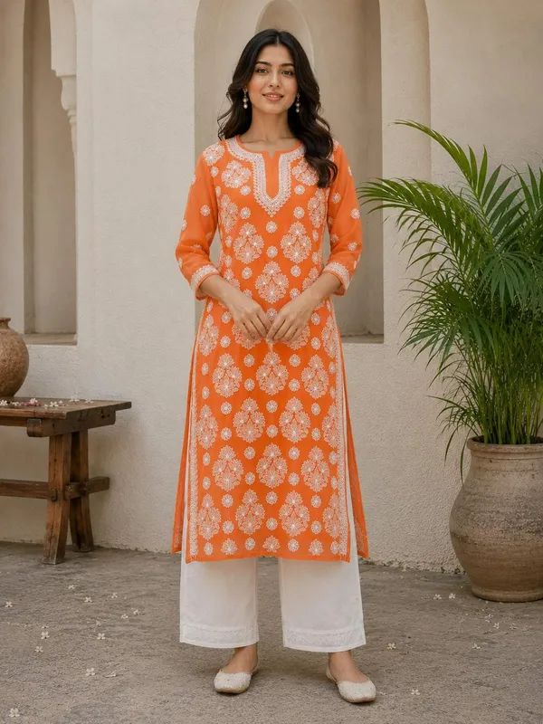 Saffron_Orange_Hand_Embroidered_Lucknowi_Chikankari_Chiffon_Kurti_With_Full_Buti_Jaal