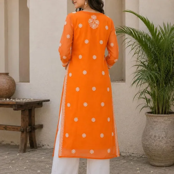 Saffron_Orange_Hand_Embroidered_Lucknowi_Chikankari_Chiffon_Kurti_With_Full_Buti_Jaal