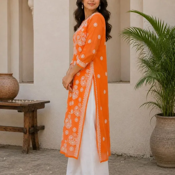 Saffron_Orange_Hand_Embroidered_Lucknowi_Chikankari_Chiffon_Kurti_With_Full_Buti_Jaal
