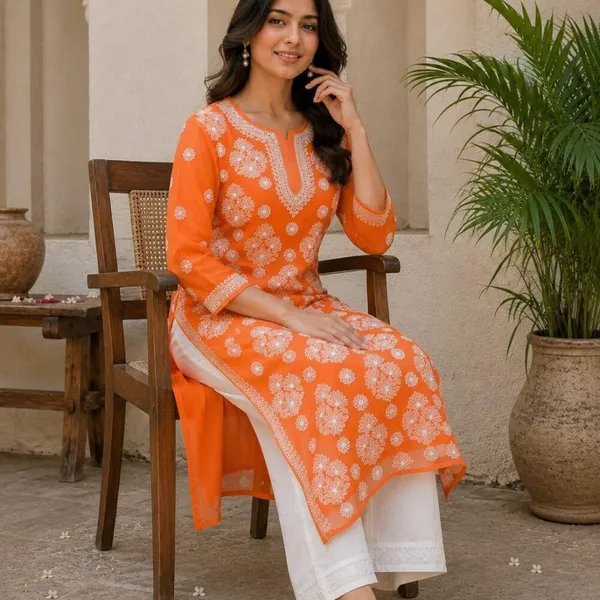 Saffron_Orange_Hand_Embroidered_Lucknowi_Chikankari_Chiffon_Kurti_With_Full_Buti_Jaal