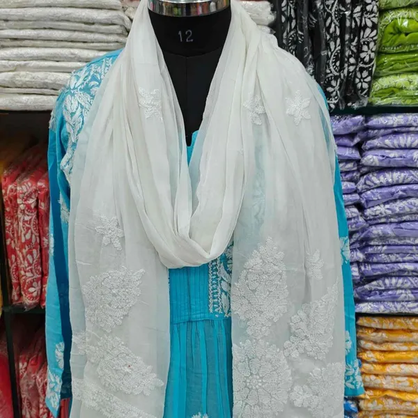 White_Hand_Embroidered_Lucknowi_Chikankari_Pure_Soft_Chiffon_Dupatta
