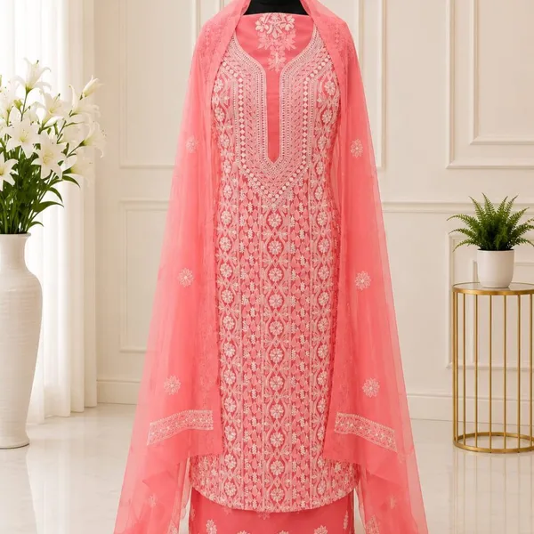 Coral_Pink_Chiffon_Front_Jaal_Suit_Piece_With_Dupatta