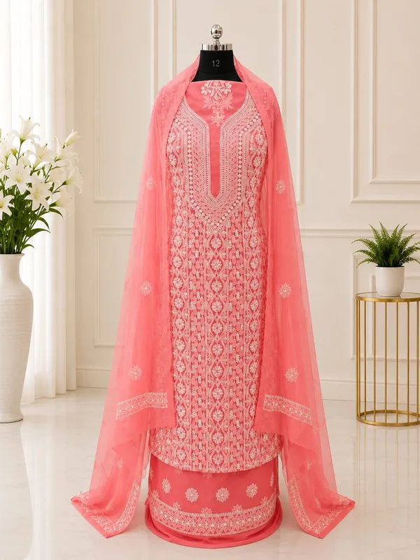 Coral_Pink_Chiffon_Front_Jaal_Suit_Piece_With_Dupatta