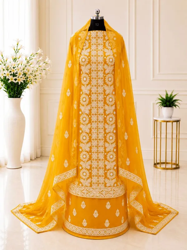 Golden_Yellow_Hand_Crafted_Soft_Chiffon_Unstitched_Chikan_Suit_Set_Panel_Pattern