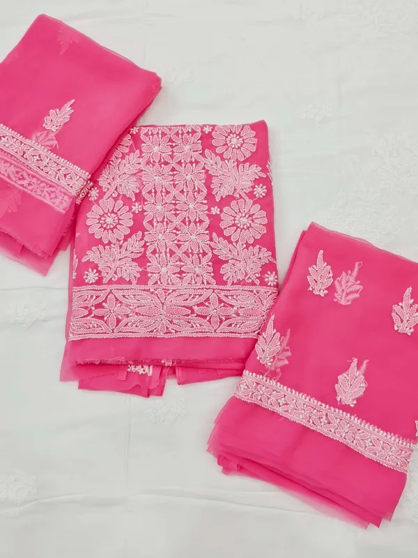 Hot_Pink_Hand_Crafted_Soft_Chiffon_Unstitched_Chikan_Suit_Set_Panel_Pattern