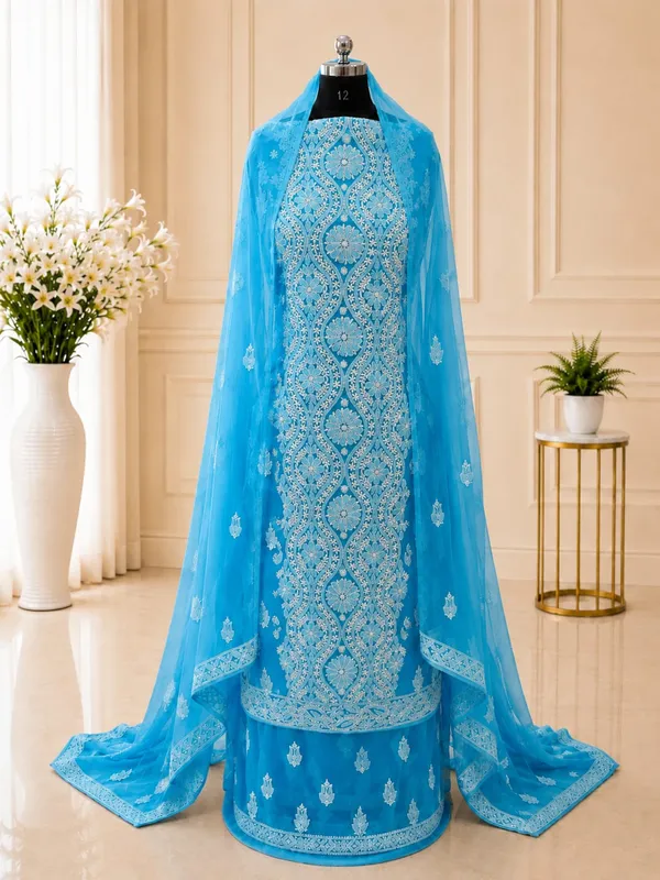 Sky_Blue_Hand_Crafted_Soft_Chiffon_Unstitched_Chikan_Suit_Set_In_Panel_Pattern